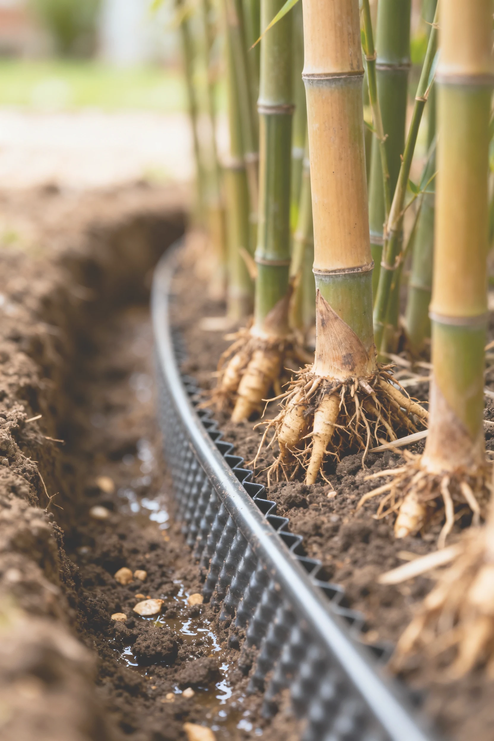 closeup root barrier in trench beside clumping bamboo culms