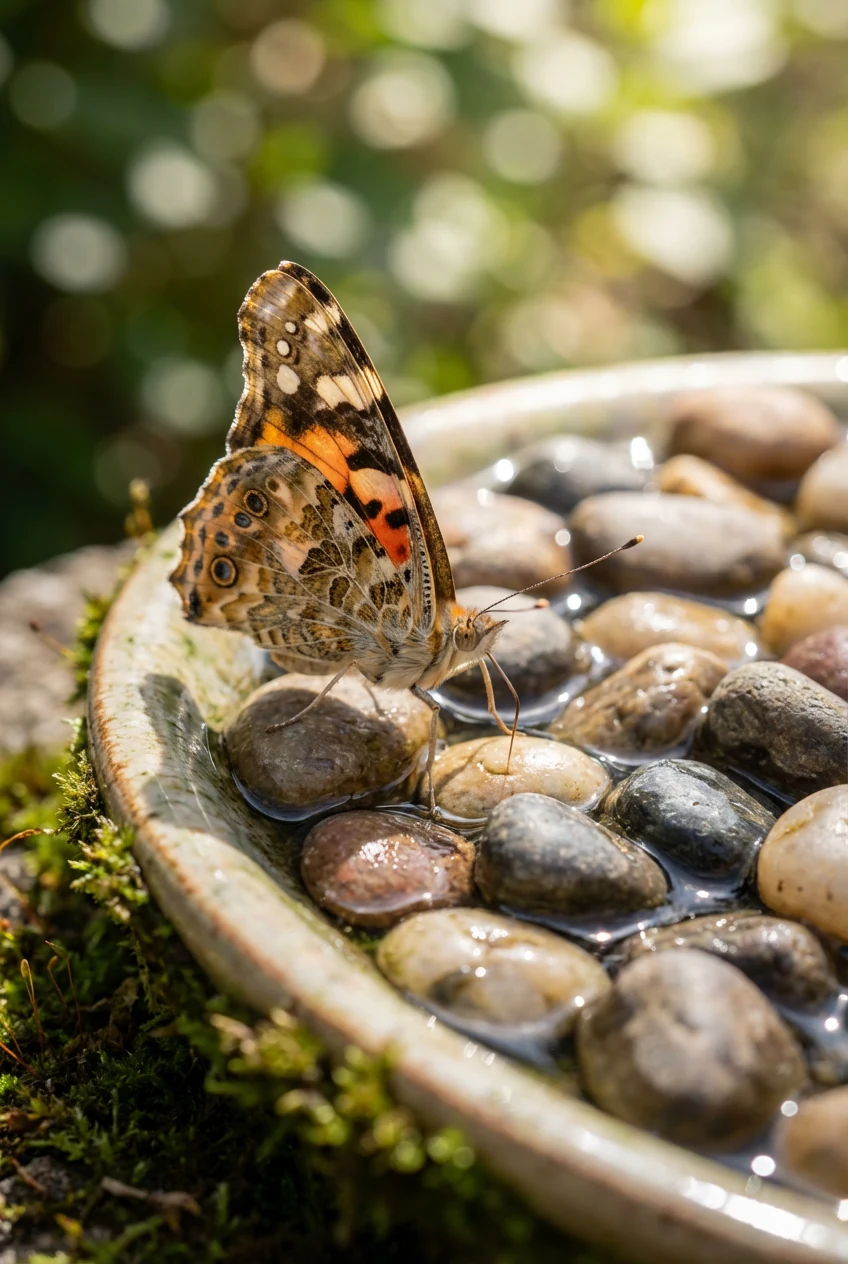 shallow water dish with stones, butterfly drinking closeup