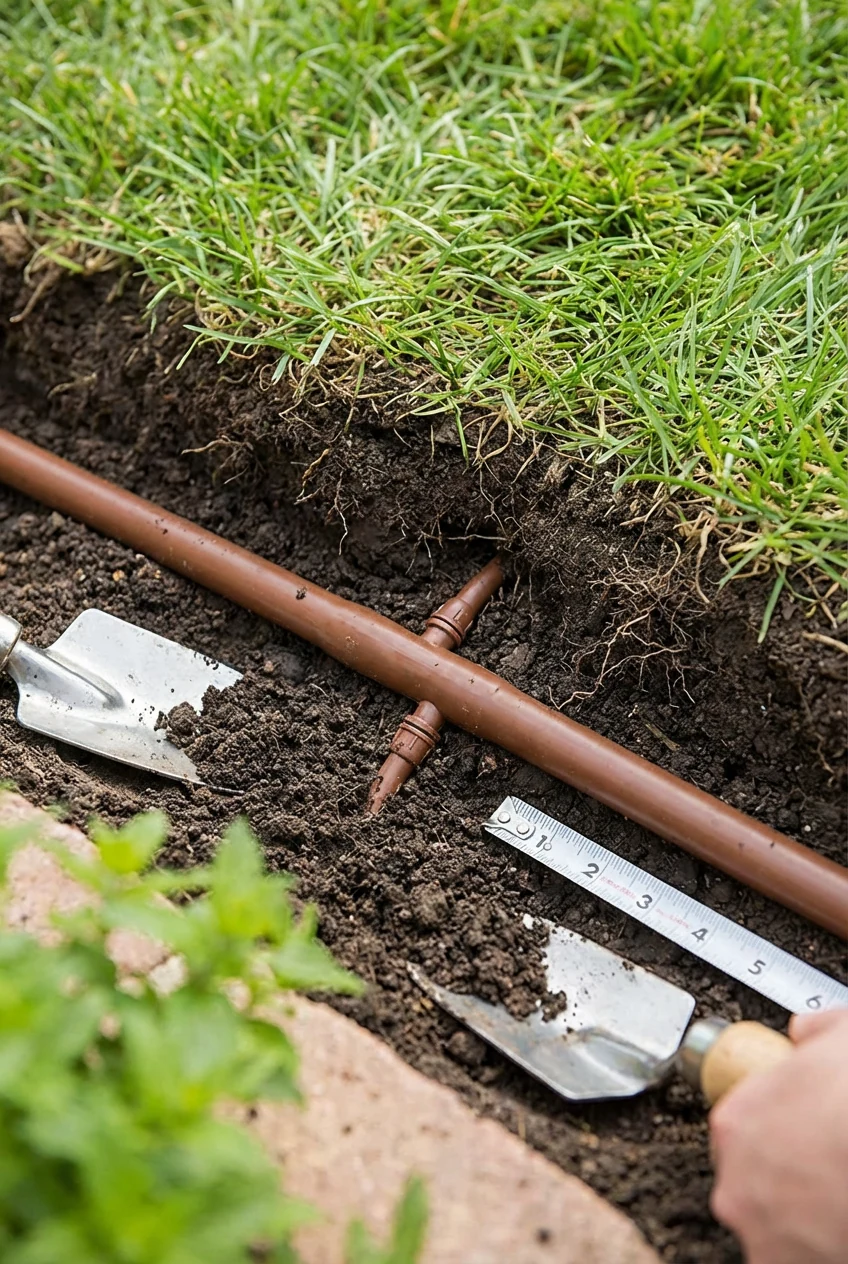 4. closeup inline dripline buried two inches in grass border