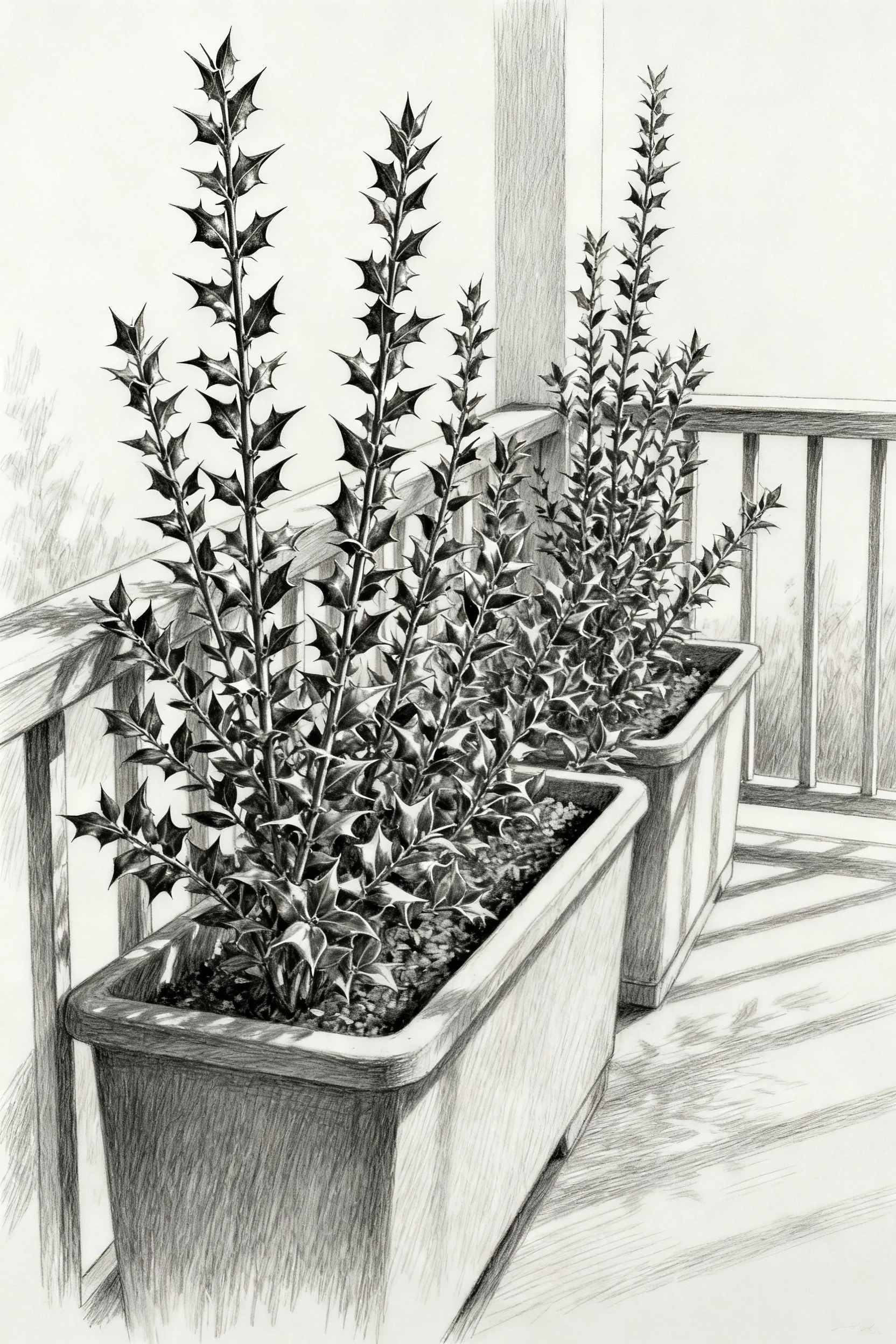 narrow sky pencil holly in long trough planters balcony