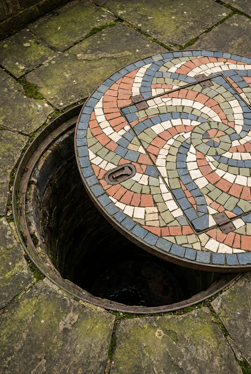 closeup circular mosaic paver hatch, hidden panel over well