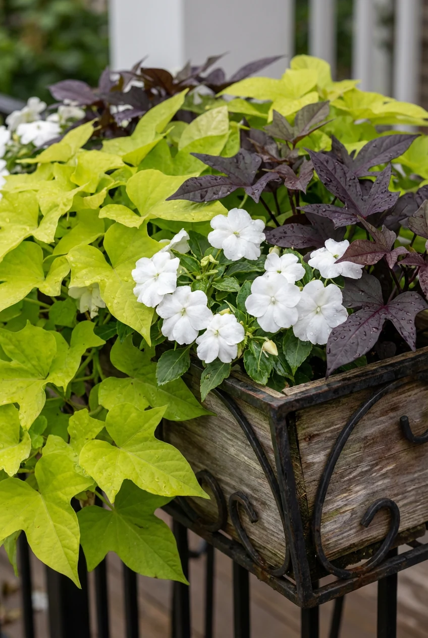 railing planter closeup: chartreuse and dark vines, white impatiens