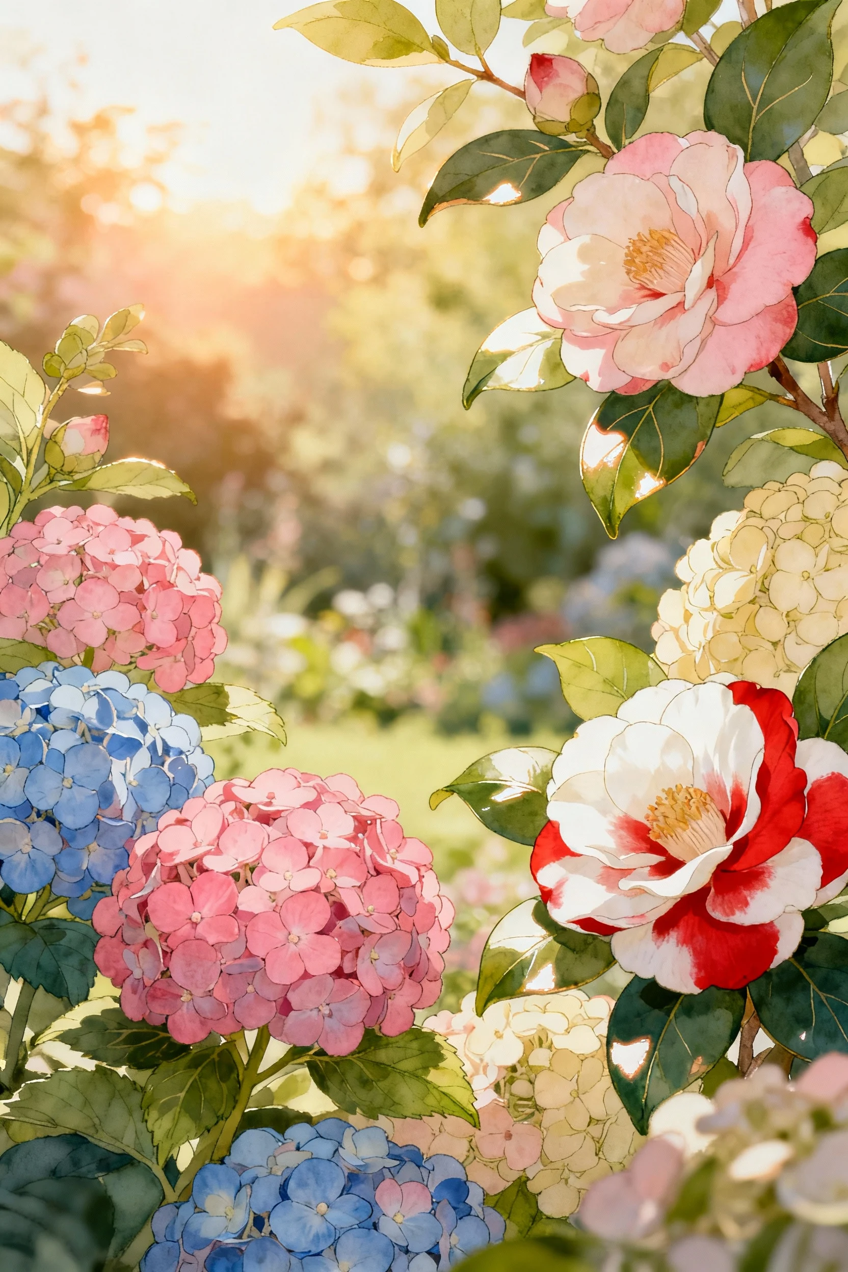 layered border of hydrangea and camellia in summer sunlight