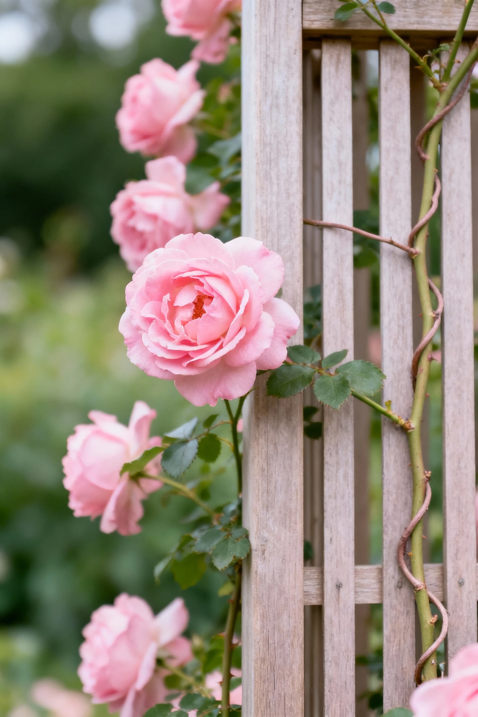 soft pink Cecile Brunner climbing rose on slim trellis