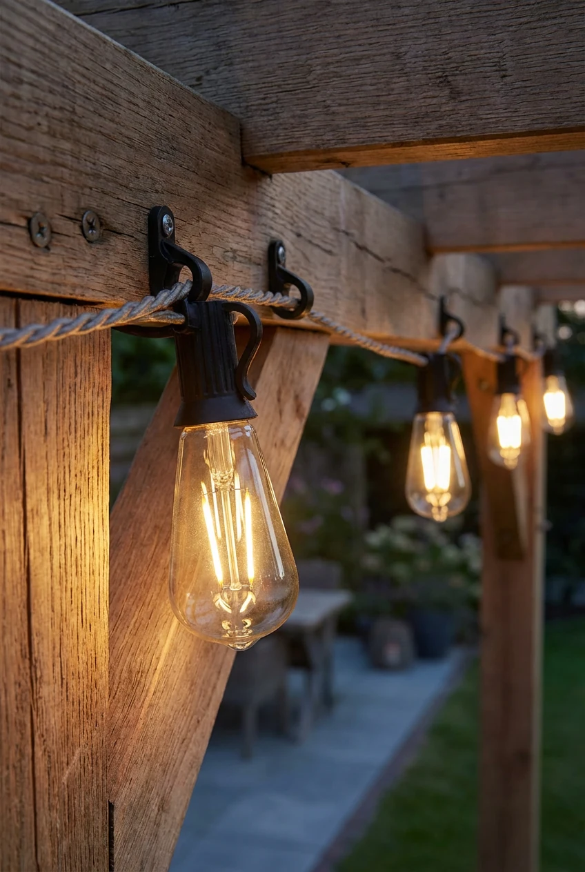 closeup of warm white string lights on cable guides