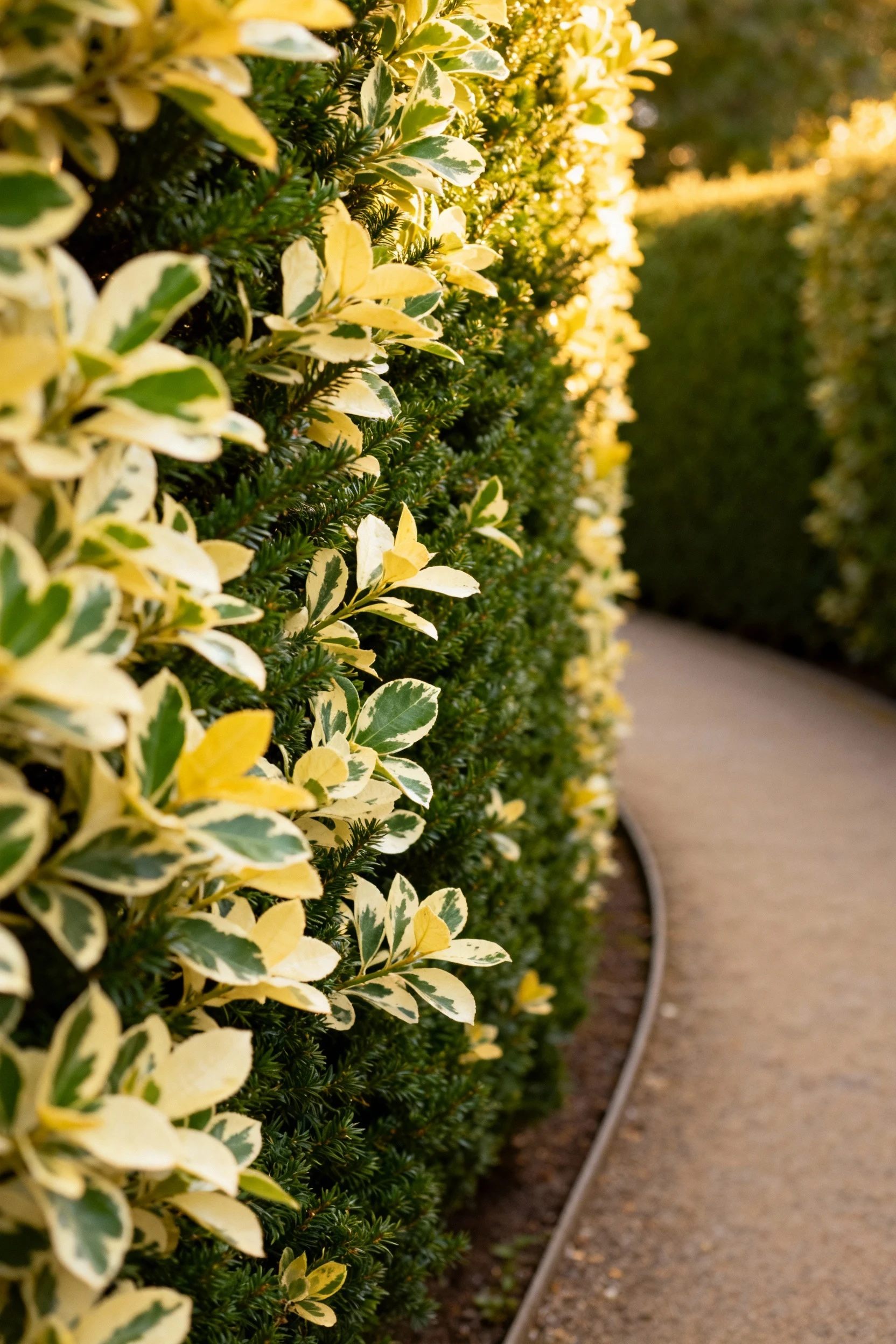 layered evergreen hedge with variegated foliage in curved garden path