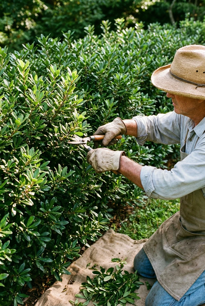 male gardener hand-pruning wax myrtle hedge, glossy leaves