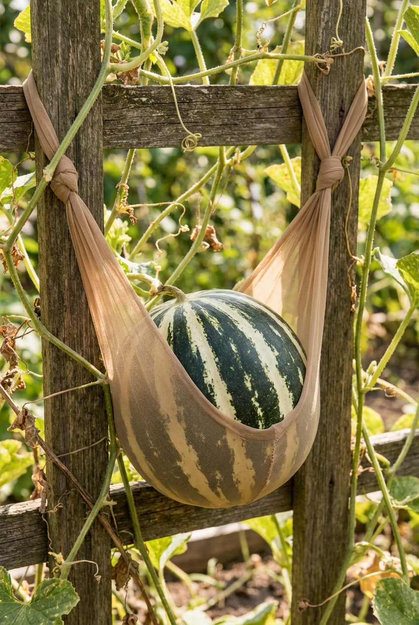 closeup striped melon cradled in pantyhose sling on trellis