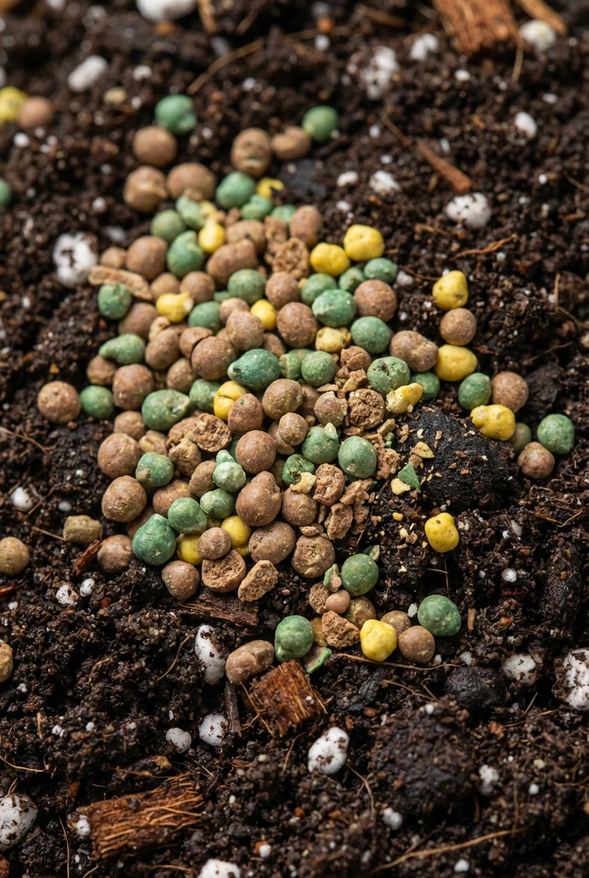 slow-release fertilizer granules on fresh potting mix, closeup