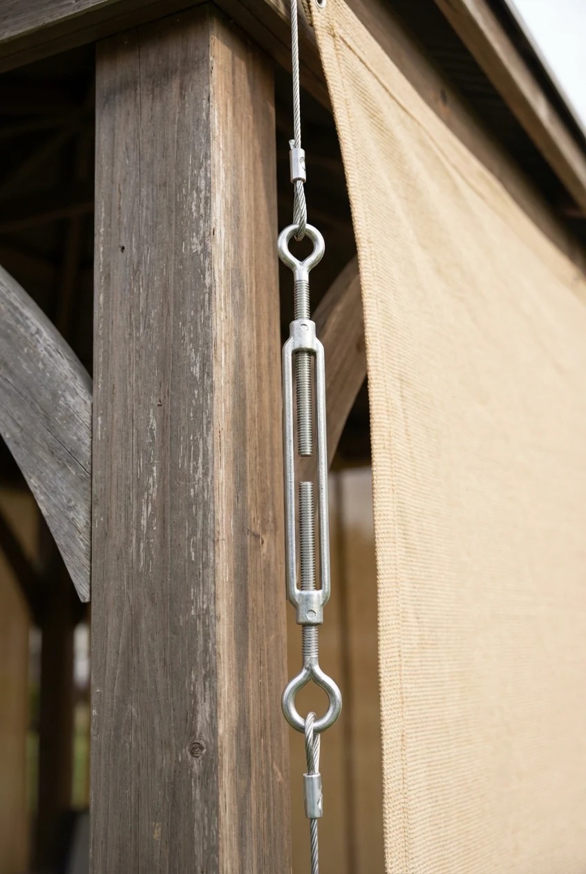 turnbuckle tensioning side shade sail on gazebo post, closeup