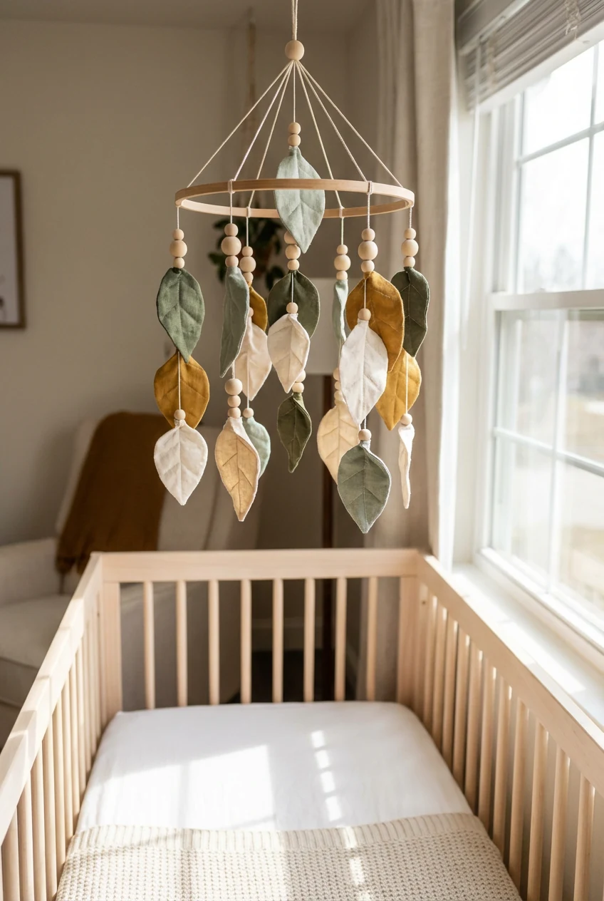 mobile with fabric leaves and wood beads above crib