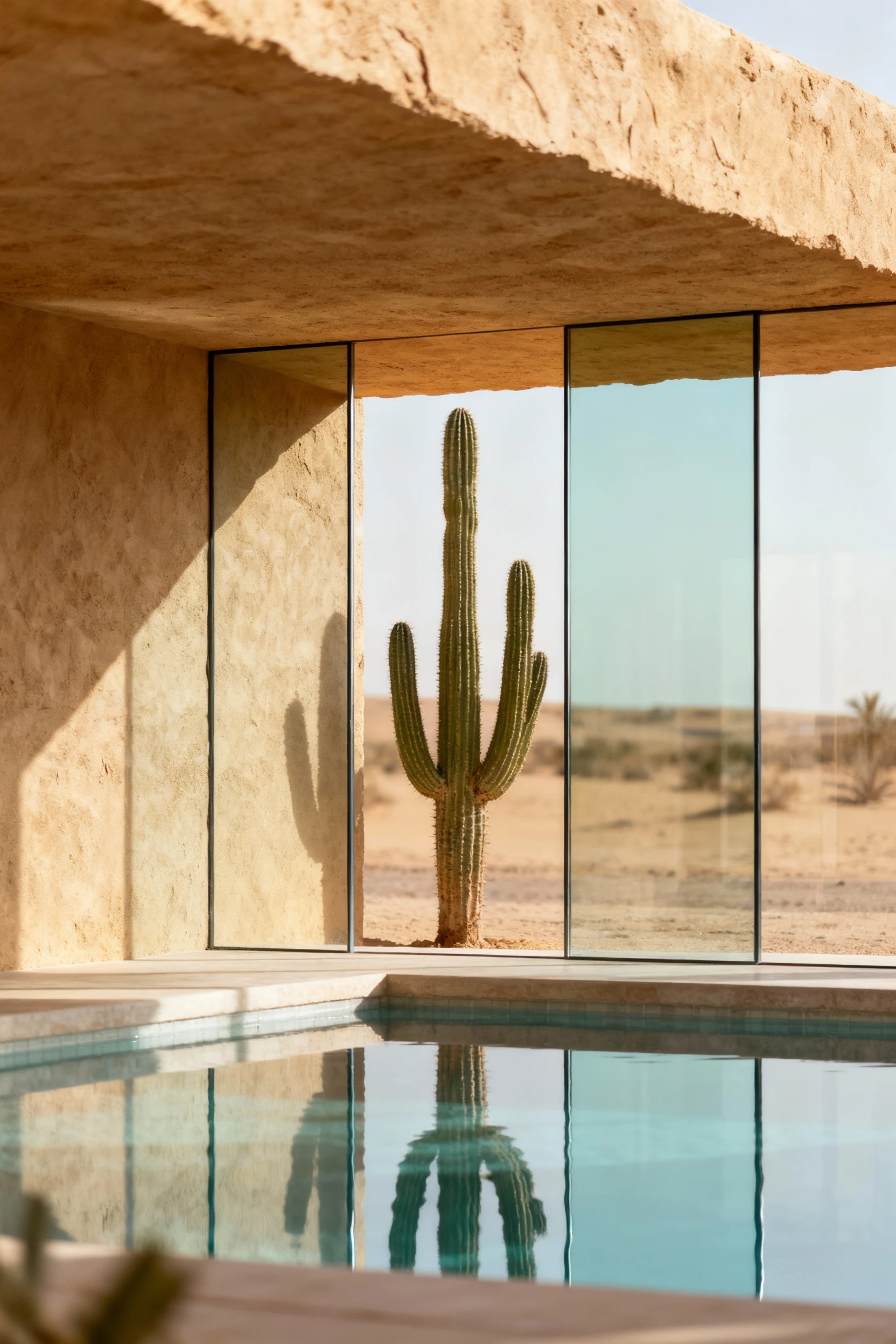 tinted glass, sandstone awning, cactus by central pool, closeup