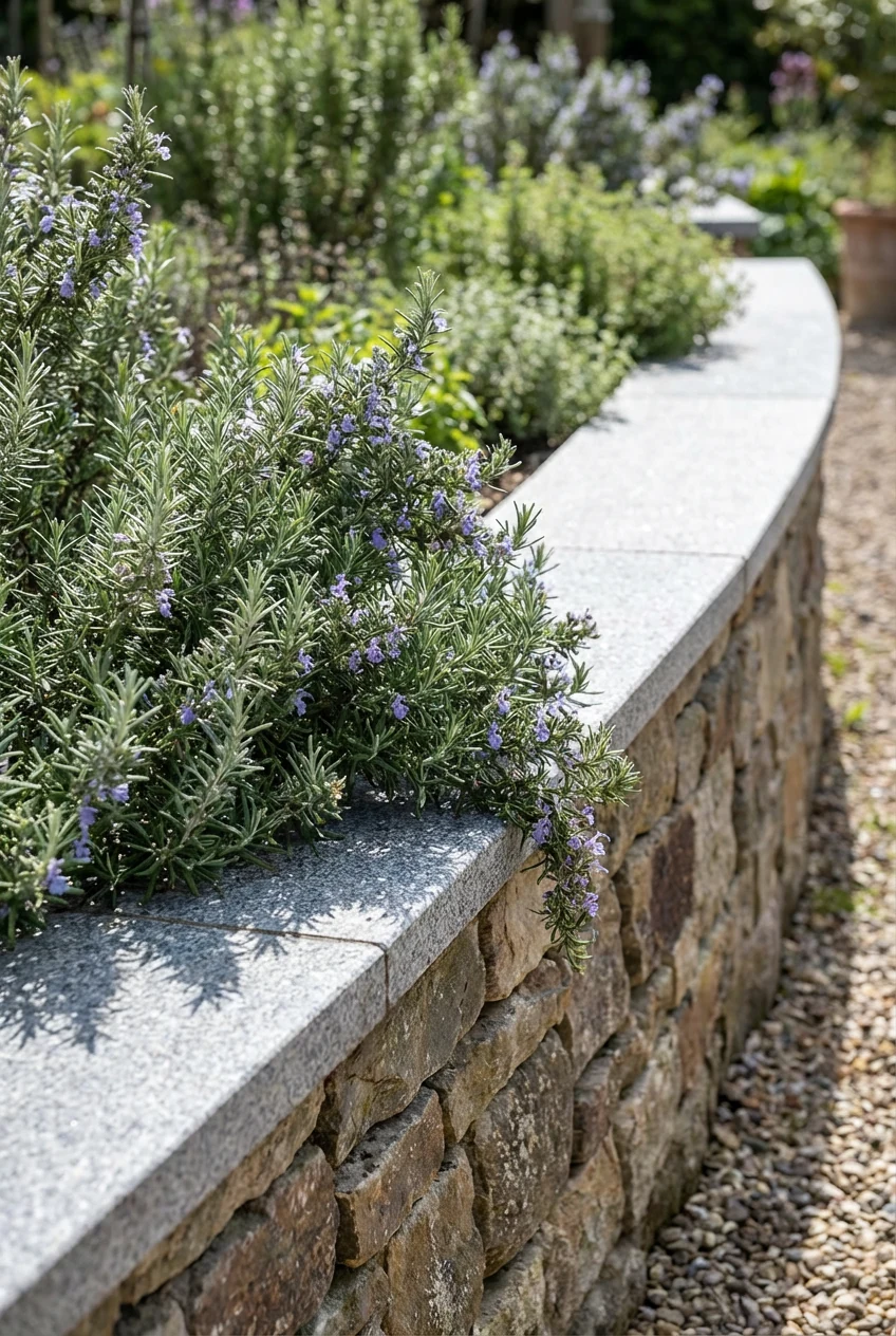 closeup raised planter wall, smooth stone seating cap, rosemary