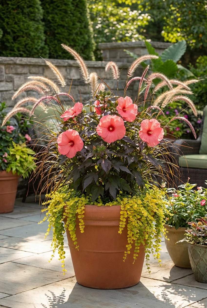 dwarf hibiscus container with fountain grass and creeping Jenny