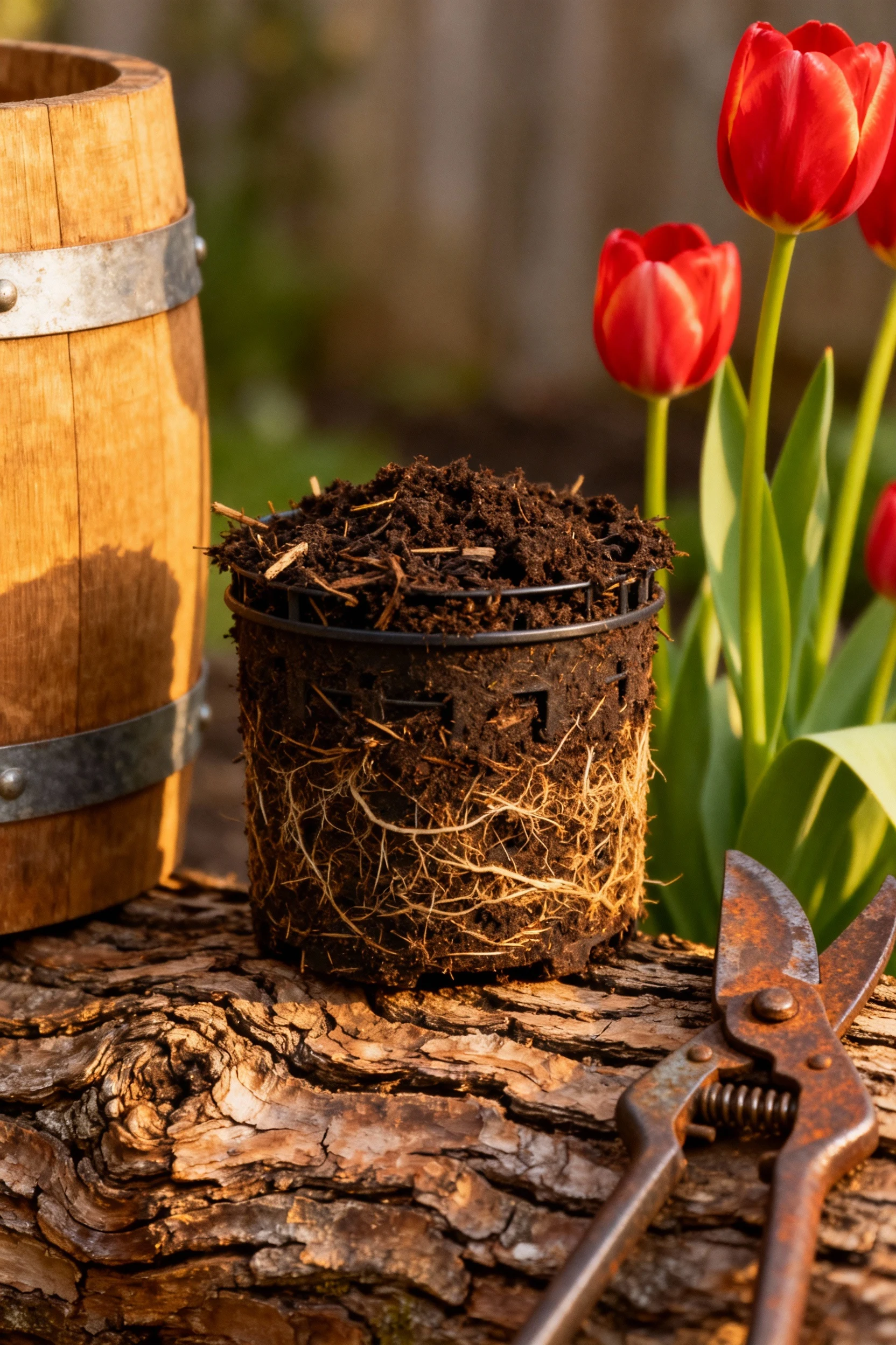 closeup composters on oak logs, tulips, barrel, shears
