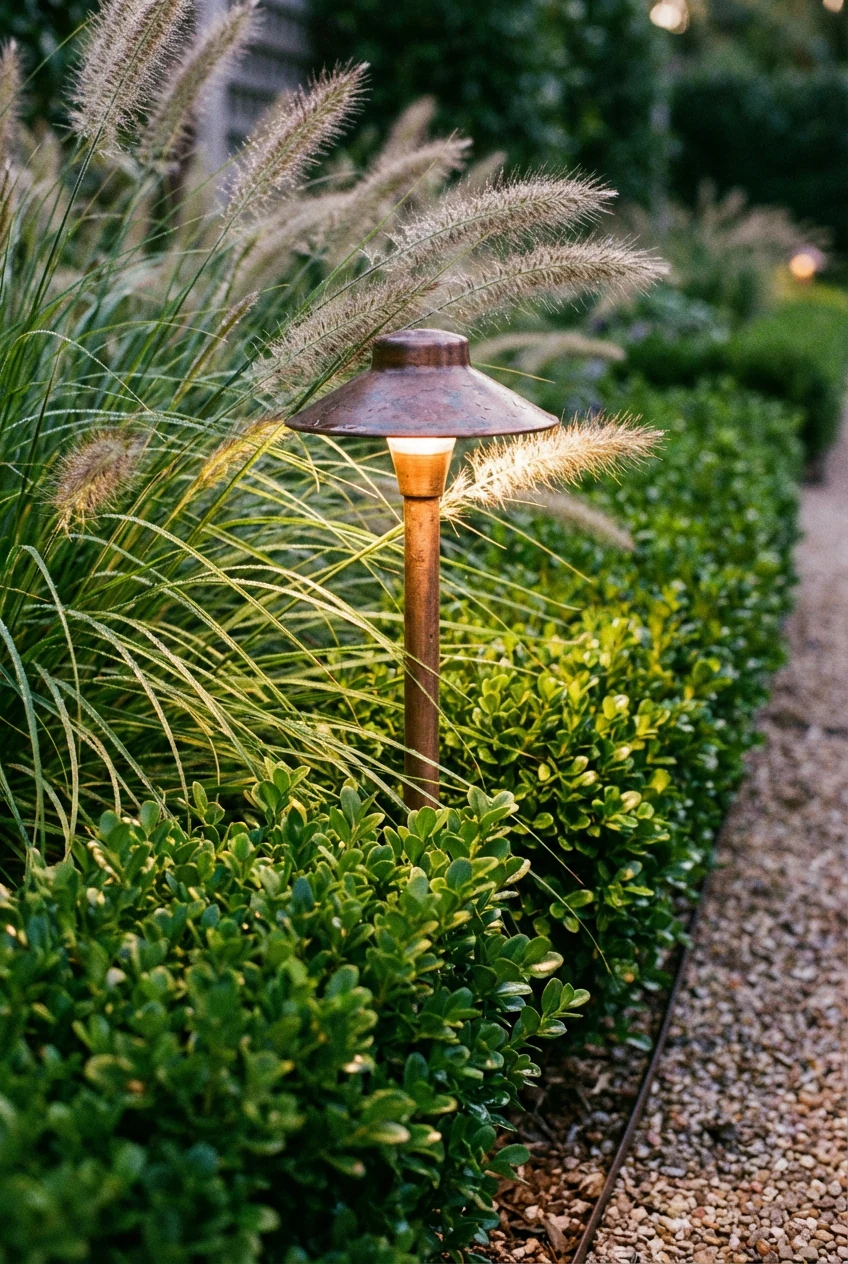 closeup path light warming ornamental grass, clipped boxwood
