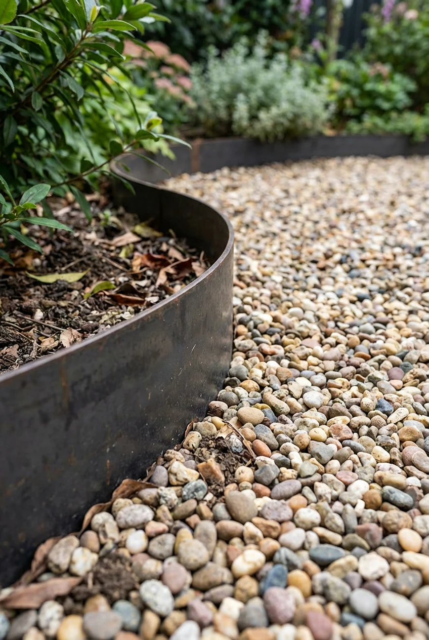 closeup steel edging holding pea gravel path curve