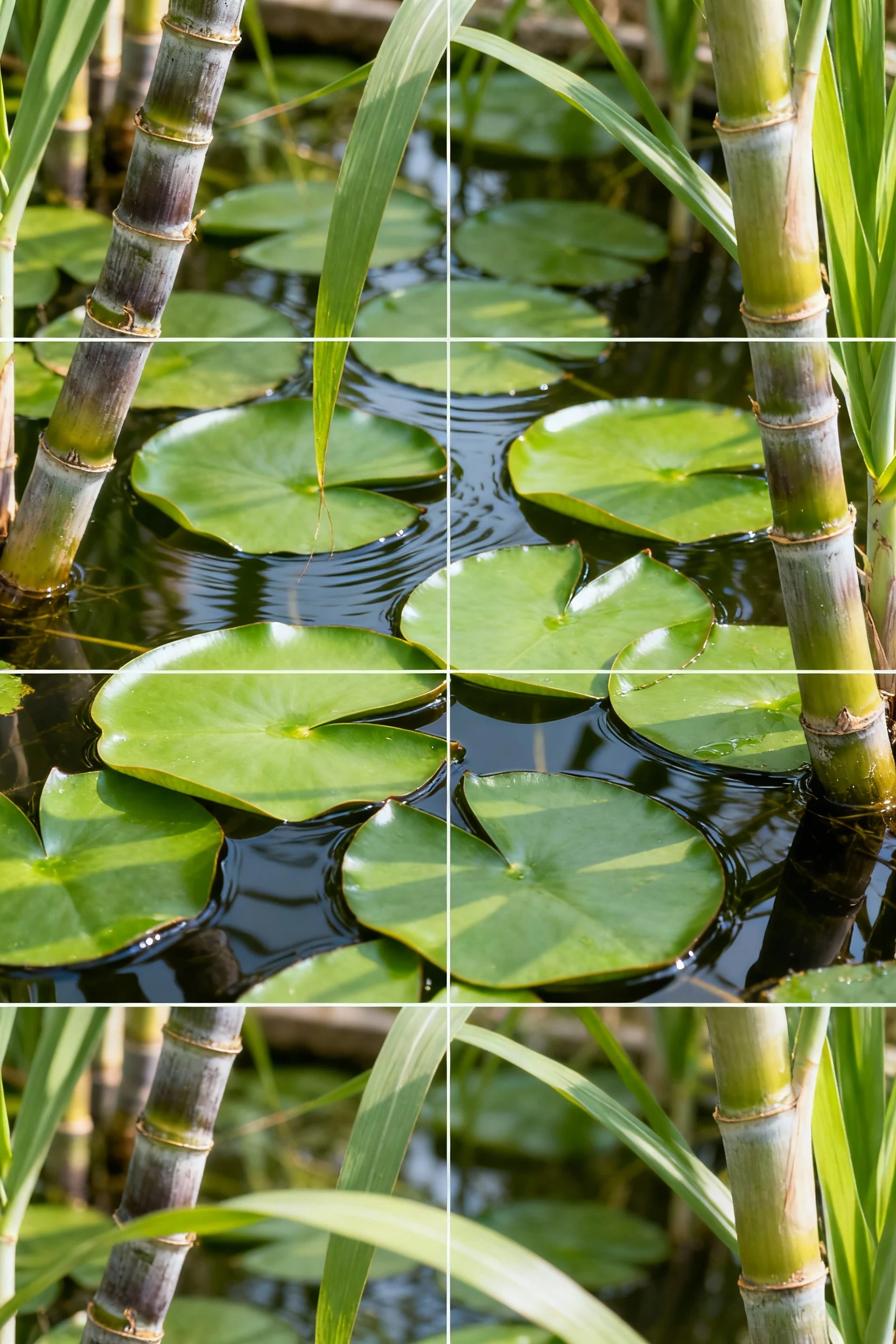 closeup lily pads in 3x3 pond, sugar cane border