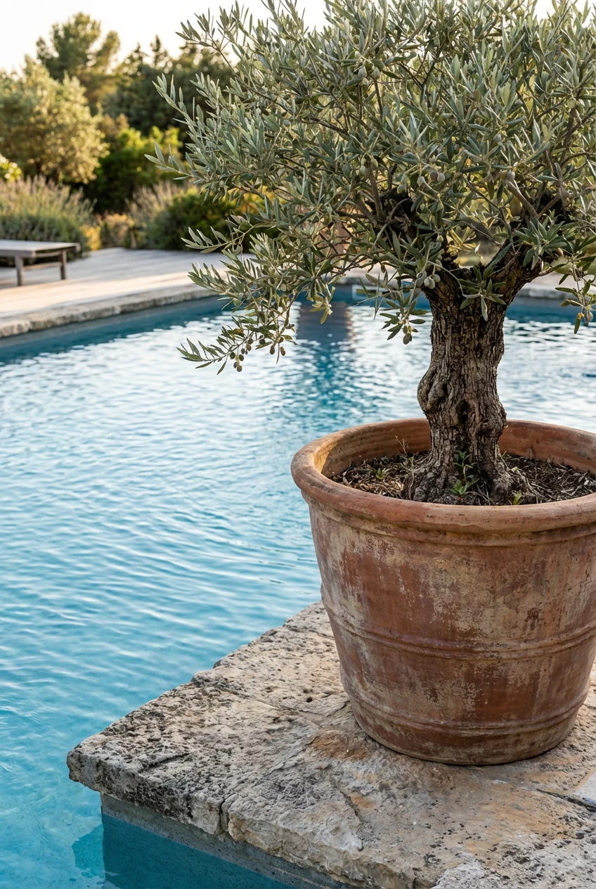 closeup olive in large pot beside pool coping