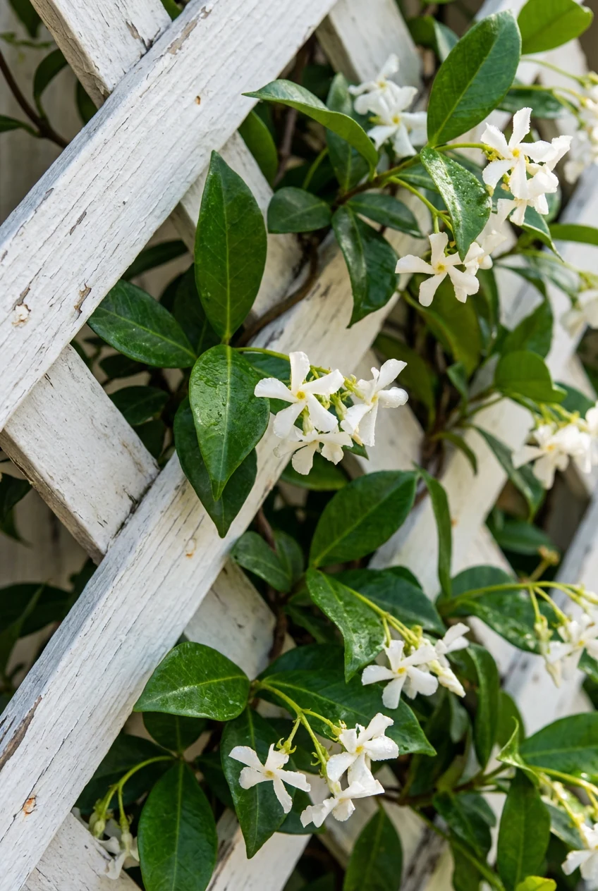 closeup star jasmine twining over white lattice top