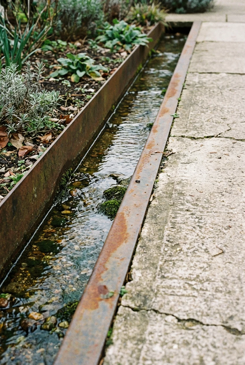 closeup narrow steel-edged rill beside concrete path