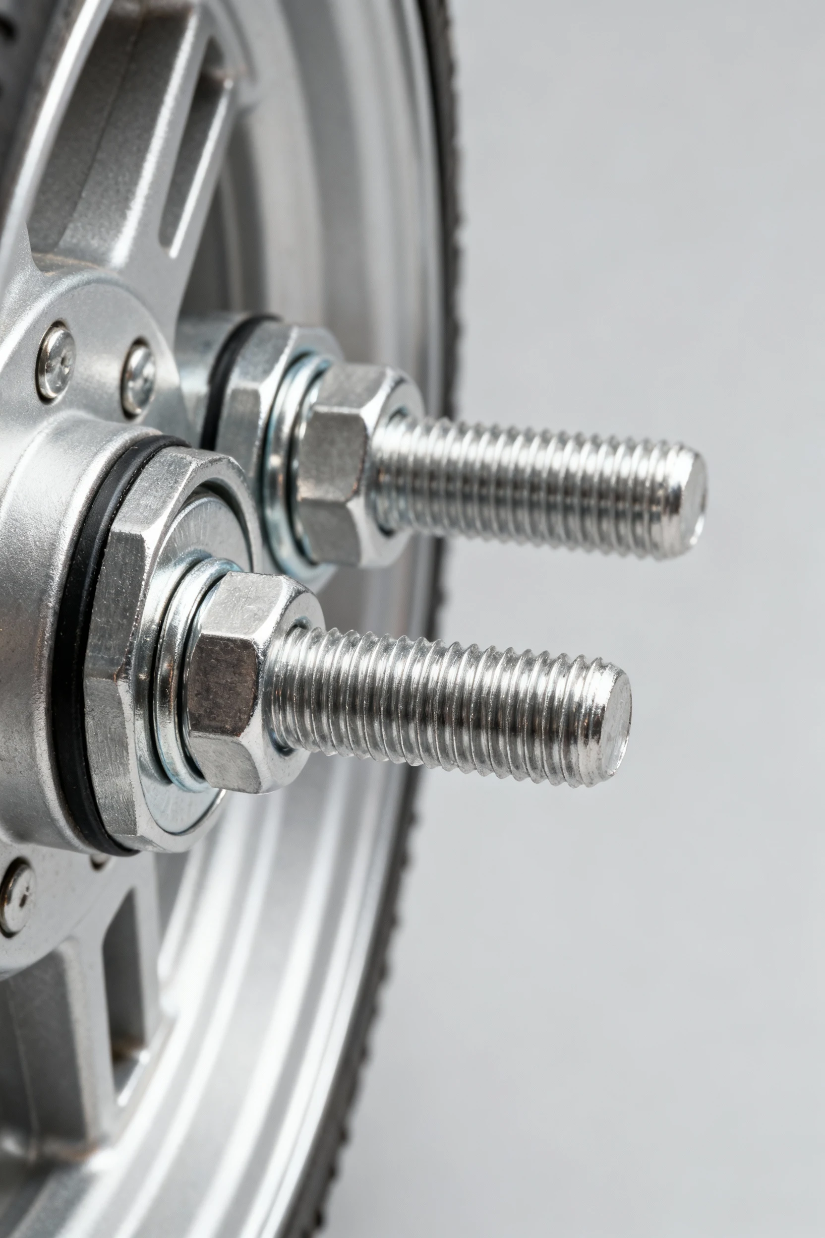 closeup stainless through-bolts with lock nuts on wheel bracket