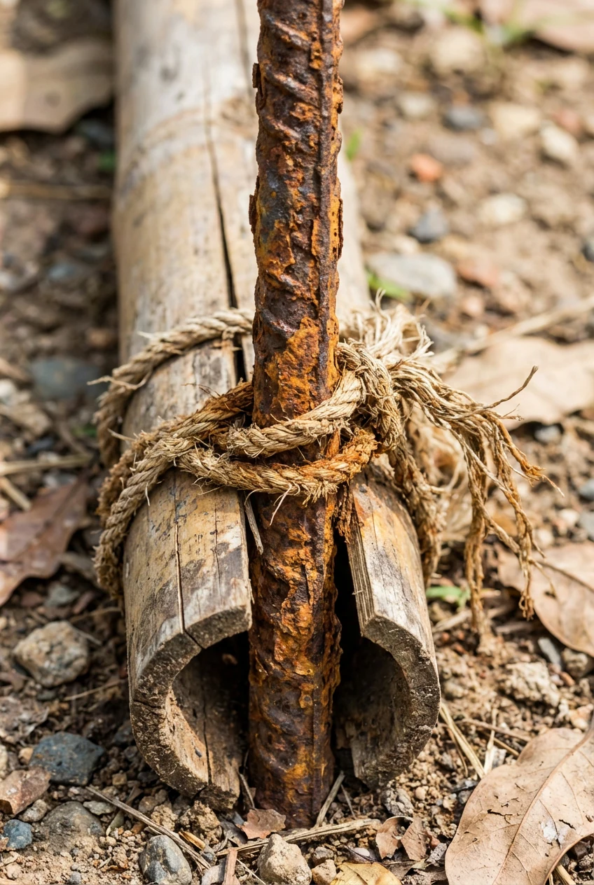 closeup rusted rebar stake lashed to bamboo base