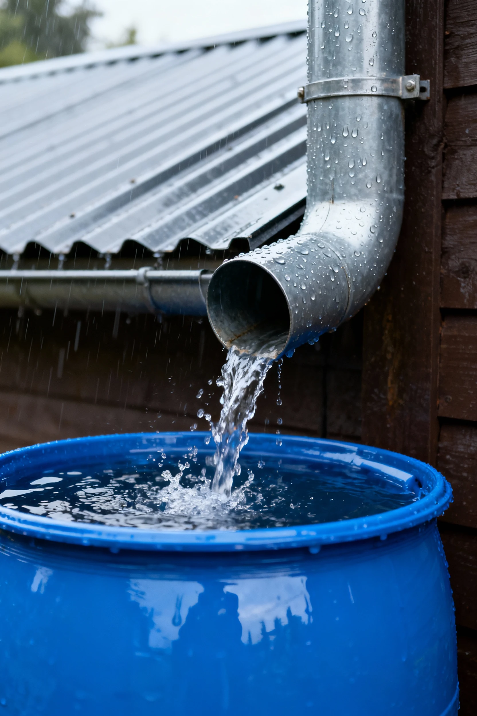 closeup downspout filling blue rain barrel, sloped metal roof
