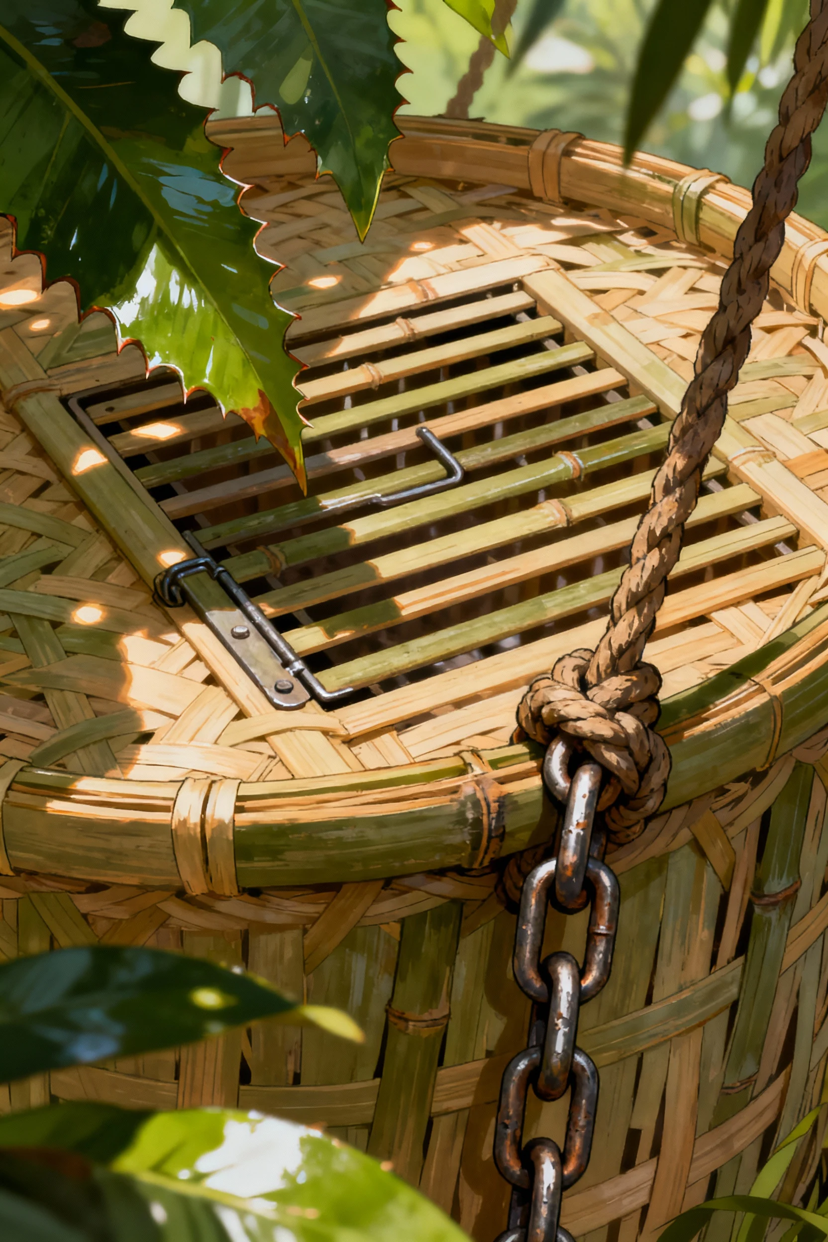 detail bamboo trapdoor slat basket, jungle leaves, chain knot