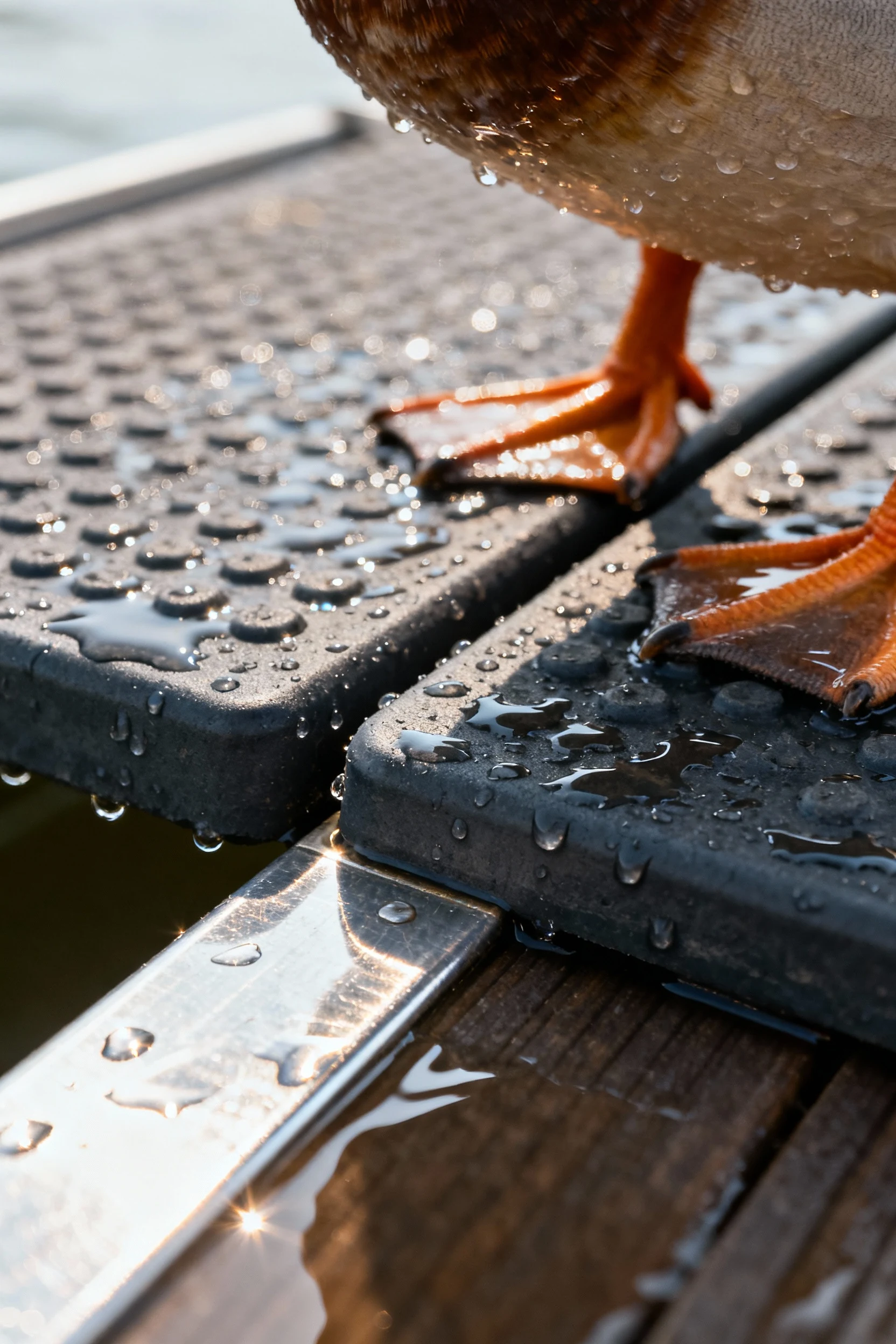 closeup of duck ramp cleats and 2-inch threshold, wet feet