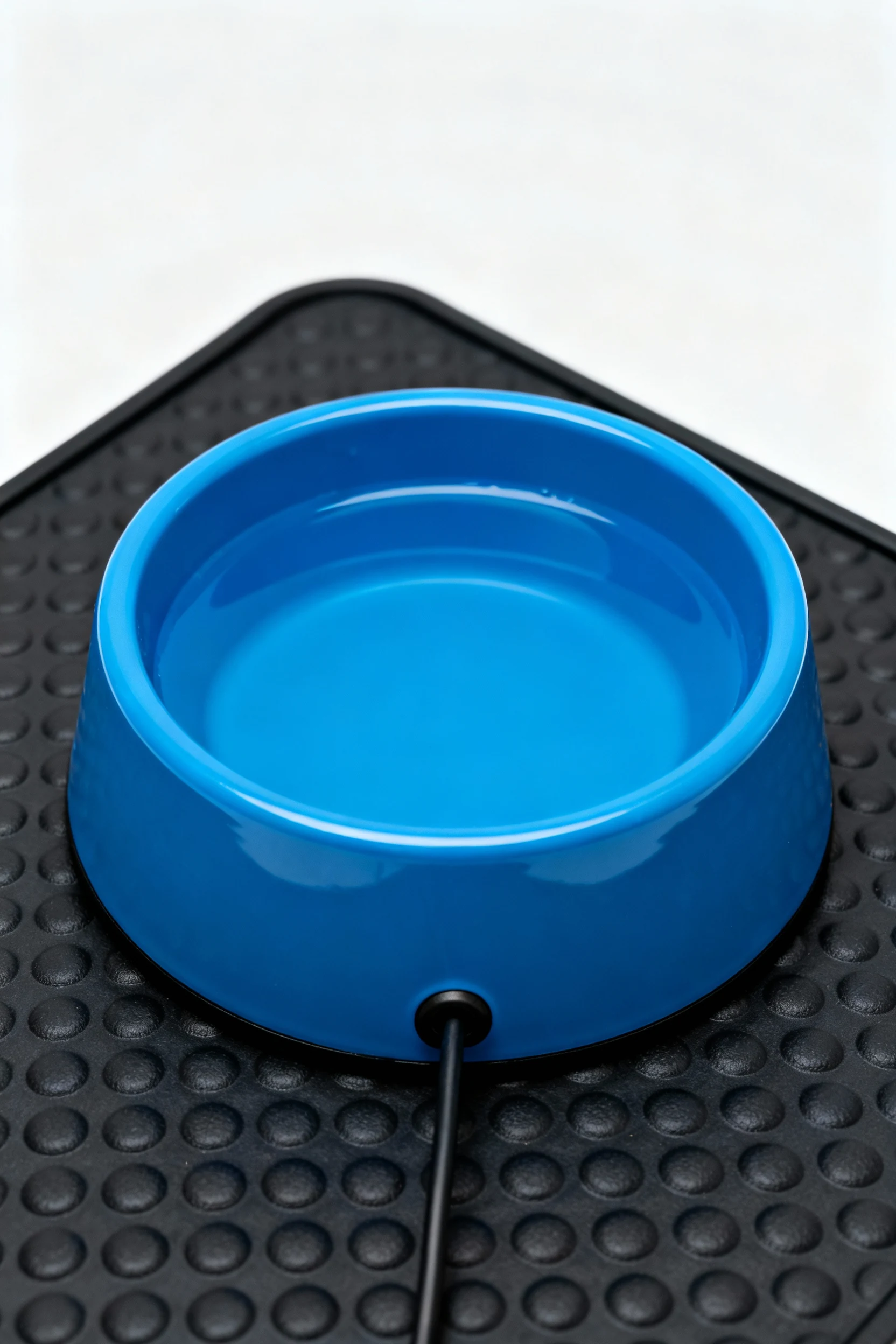 blue heated dog bowl, black rubber mat, cord drip loop