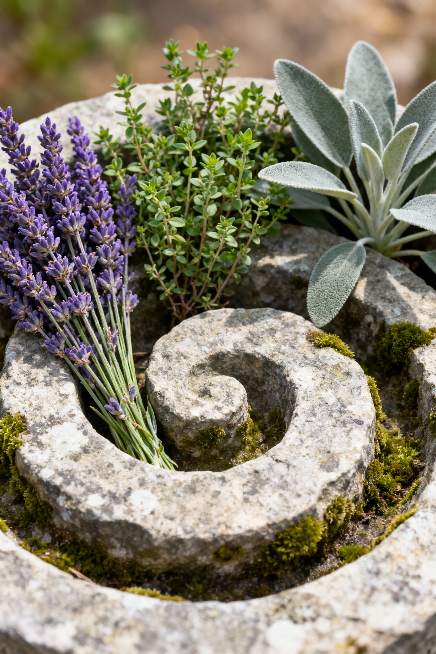 closeup stone herb spiral with lavender, thyme, sage