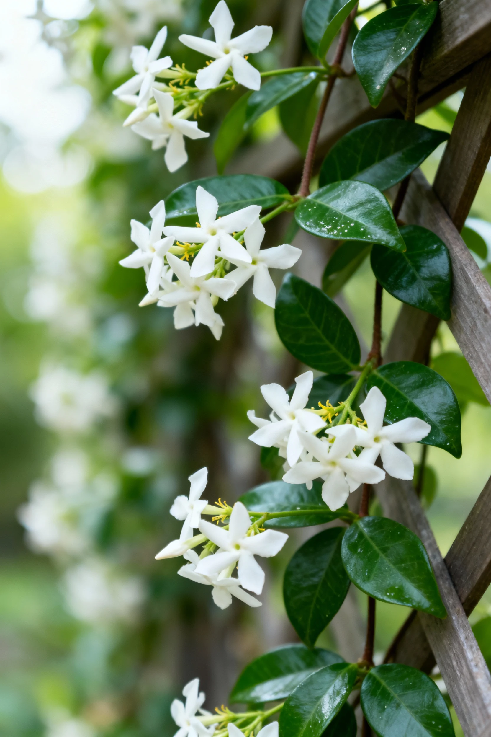 closeup star jasmine on trellis, white blooms, glossy leaves