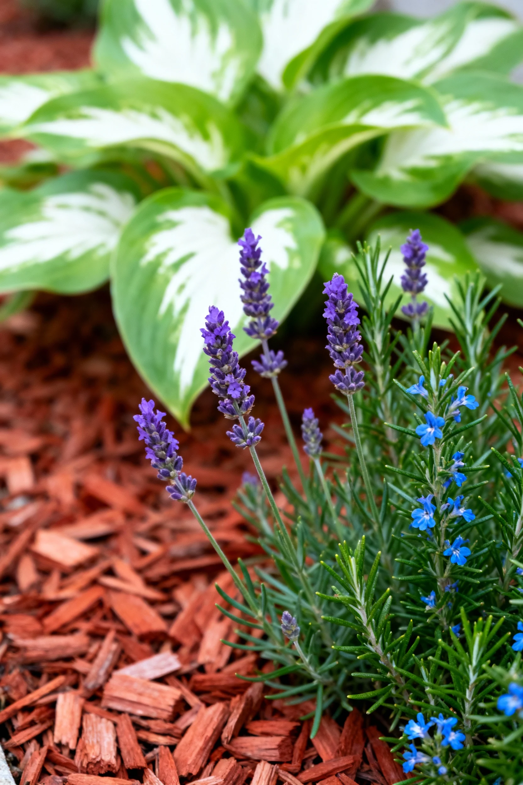 closeup of lavender and rosemary beside hosta, mulched border