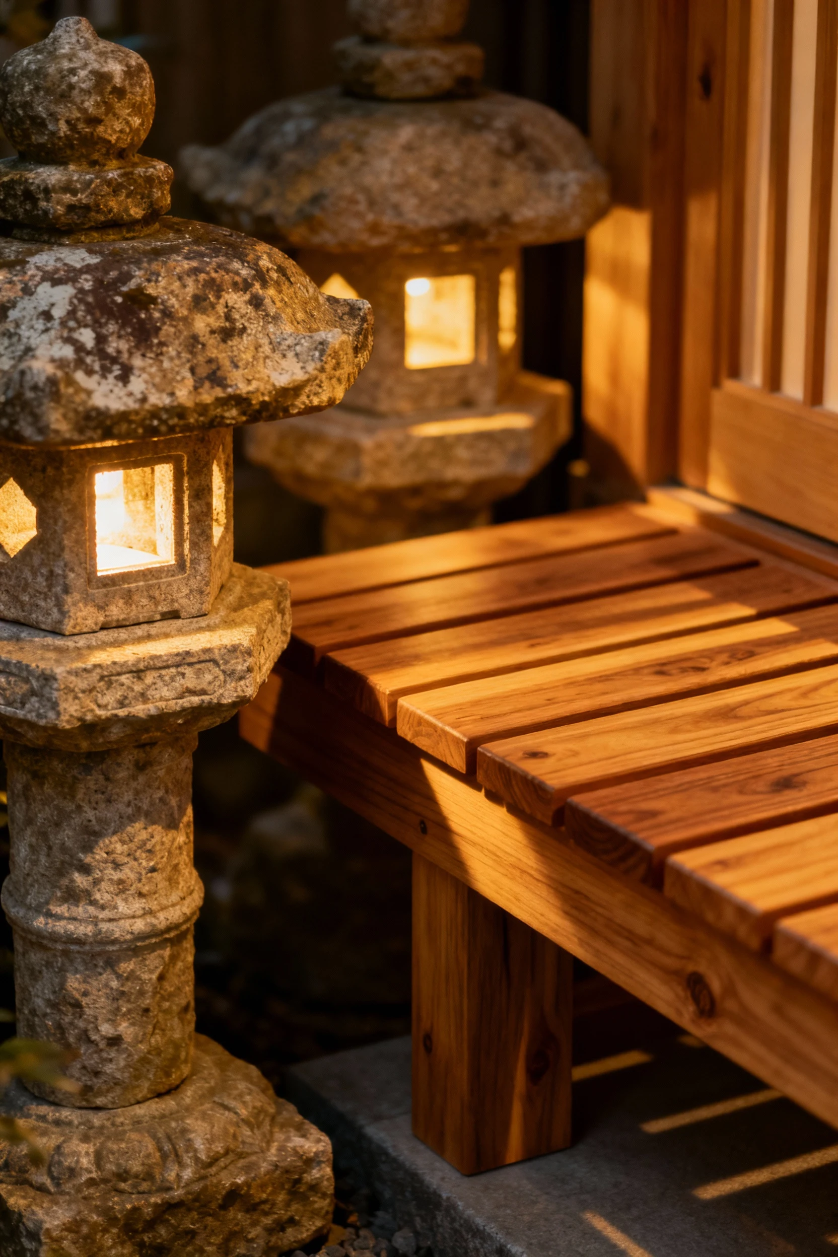closeup stone lanterns beside cedar bench, warm lights