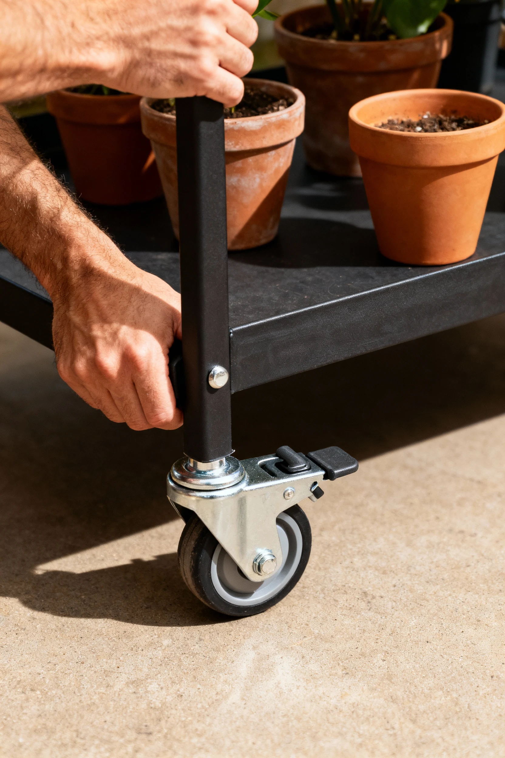 male hands steering plant cart, closeup locking caster, mini pots