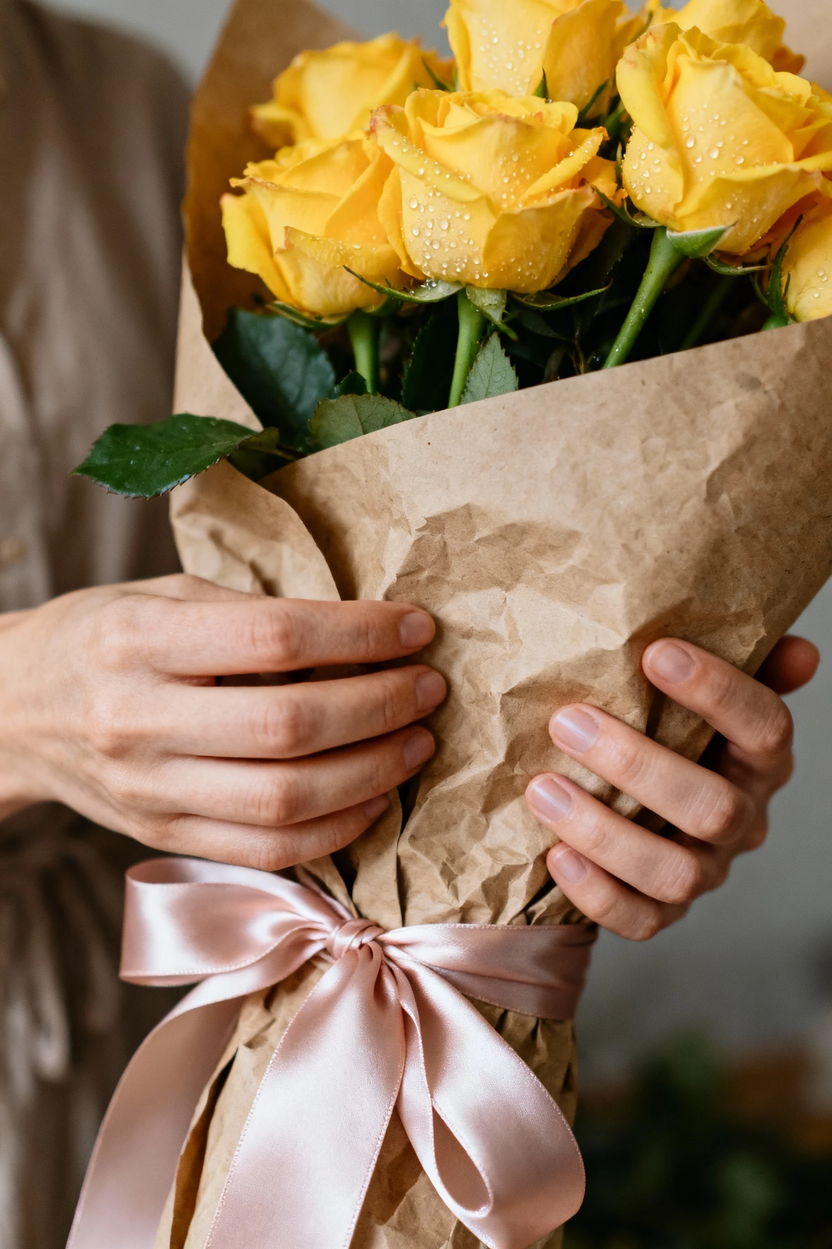 female hands wrapping yellow roses in kraft paper with pastel silk ribbon,