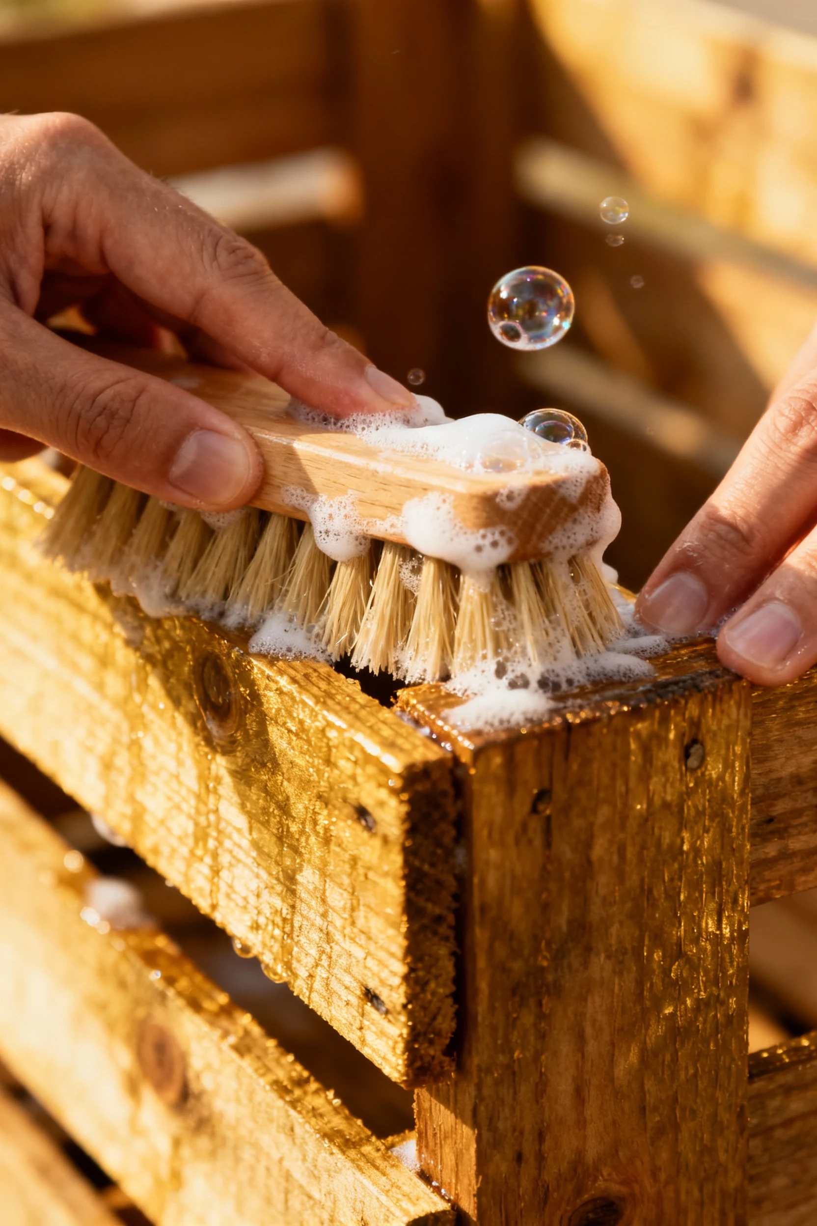 hands scrubbing wooden crate edges with soapy brush closeup