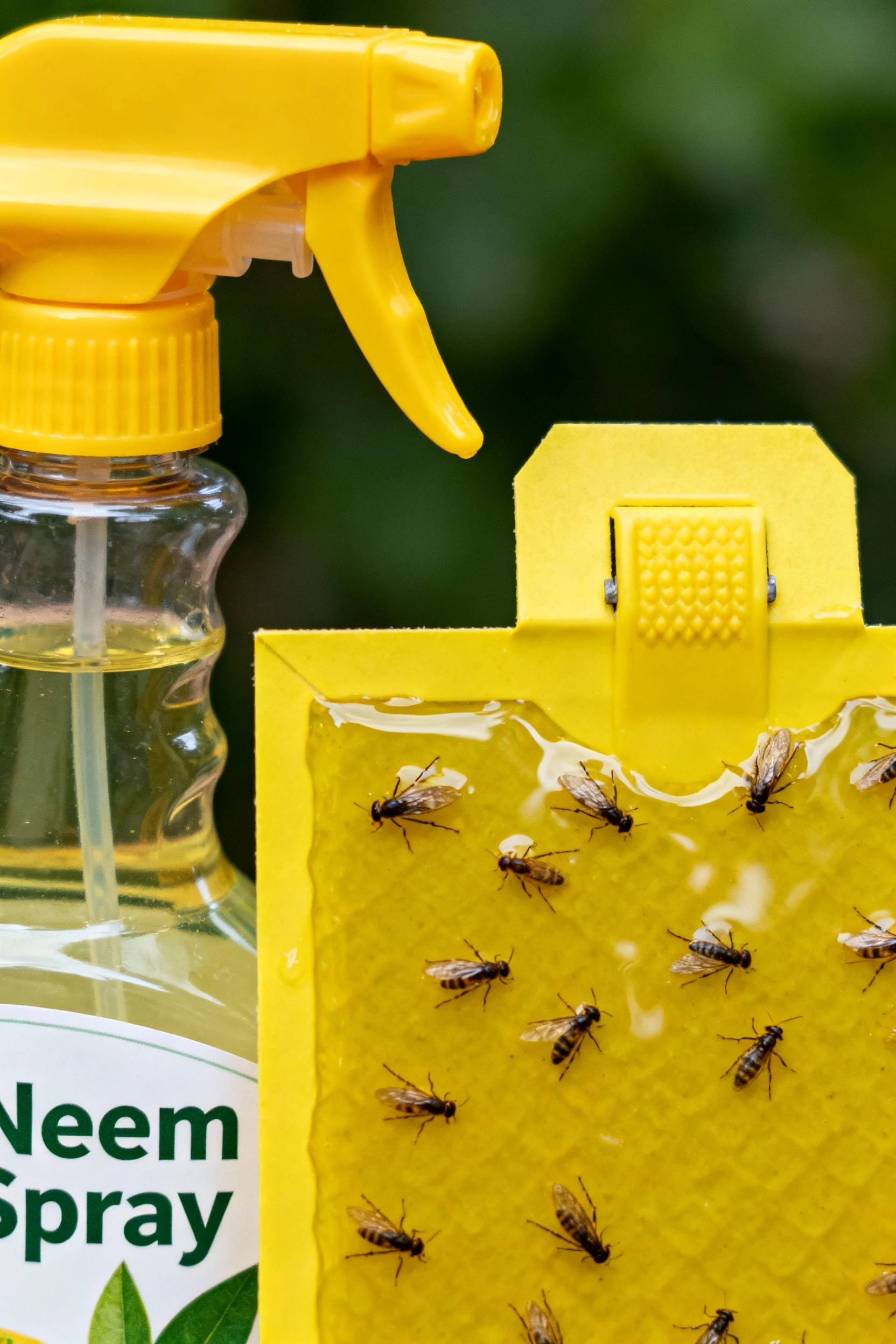 neem spray bottle, yellow sticky traps, squeeze bottle closeup