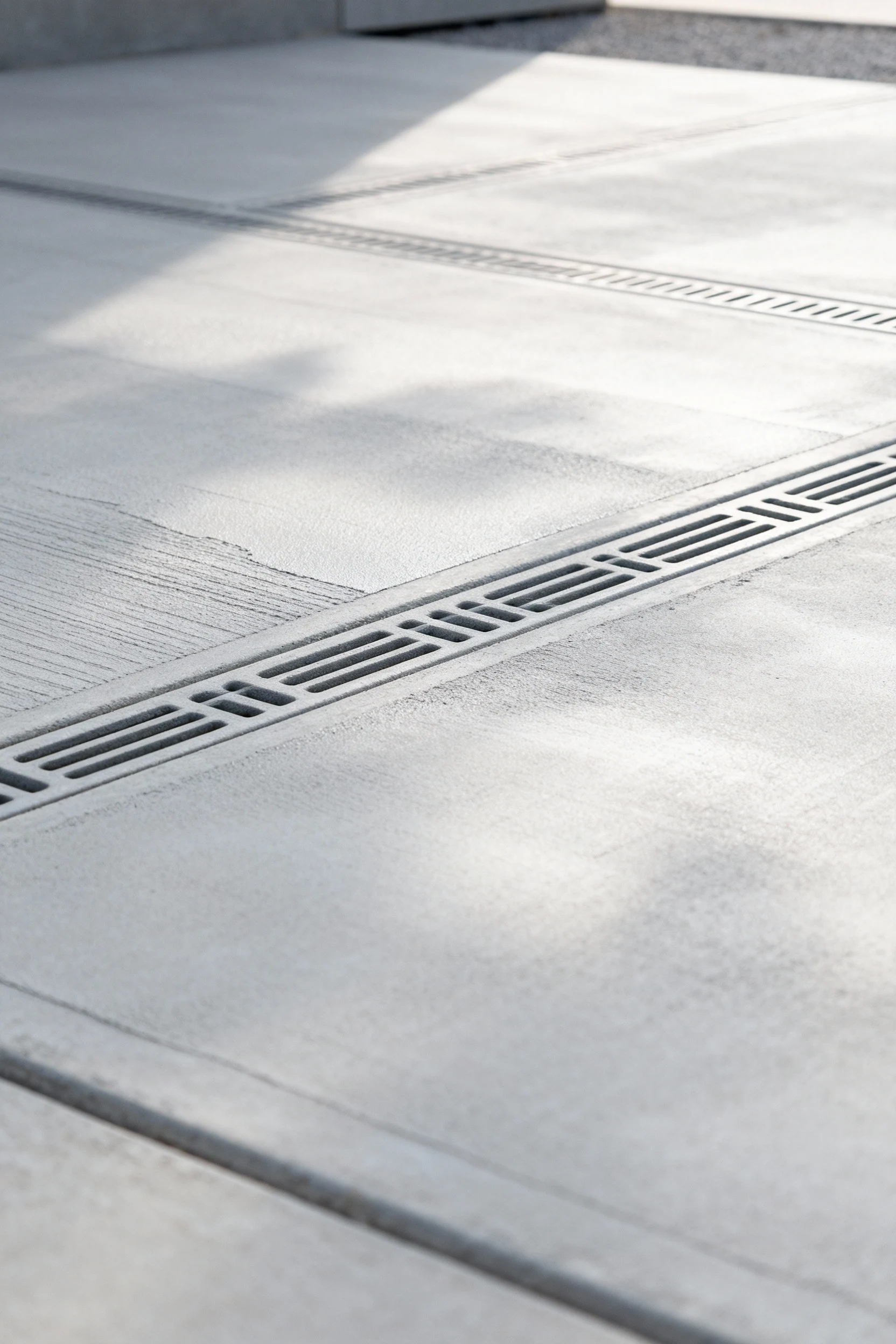 closeup light gray troweled concrete pad with drain channels