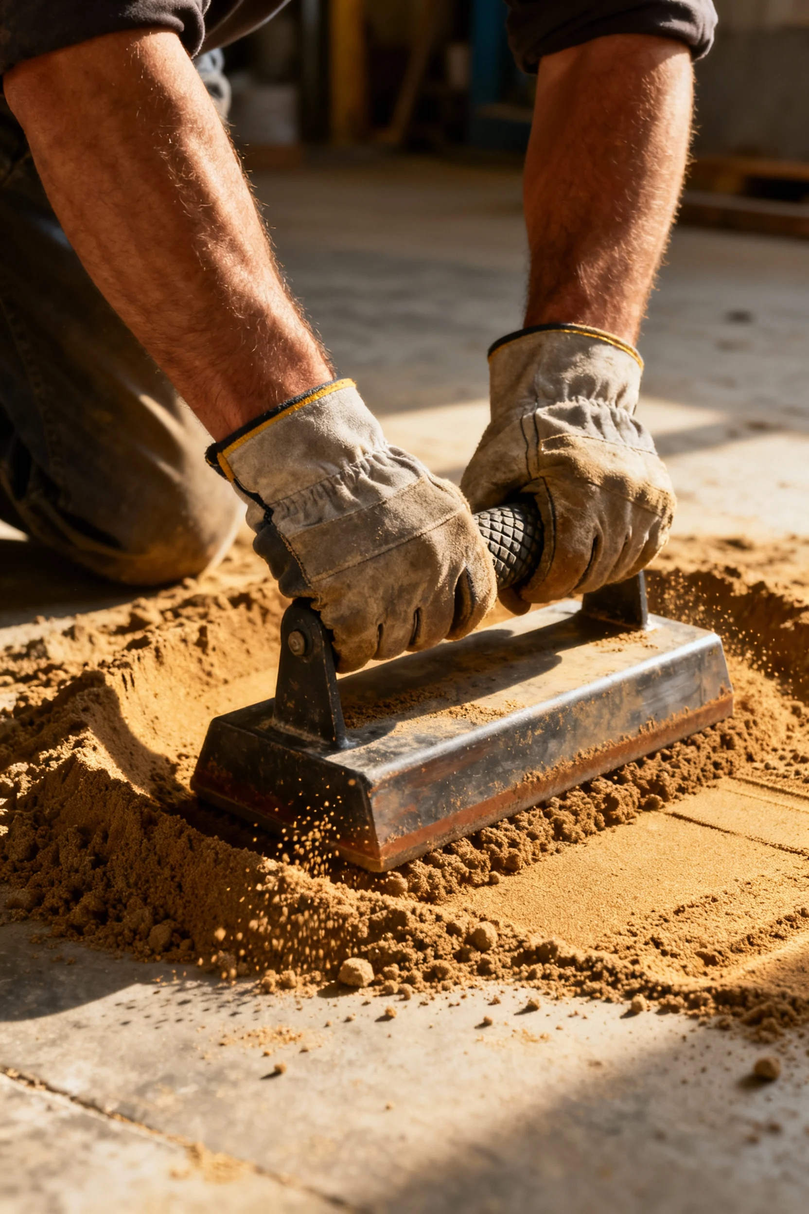 male hands using hand tamper compacting sharp sand