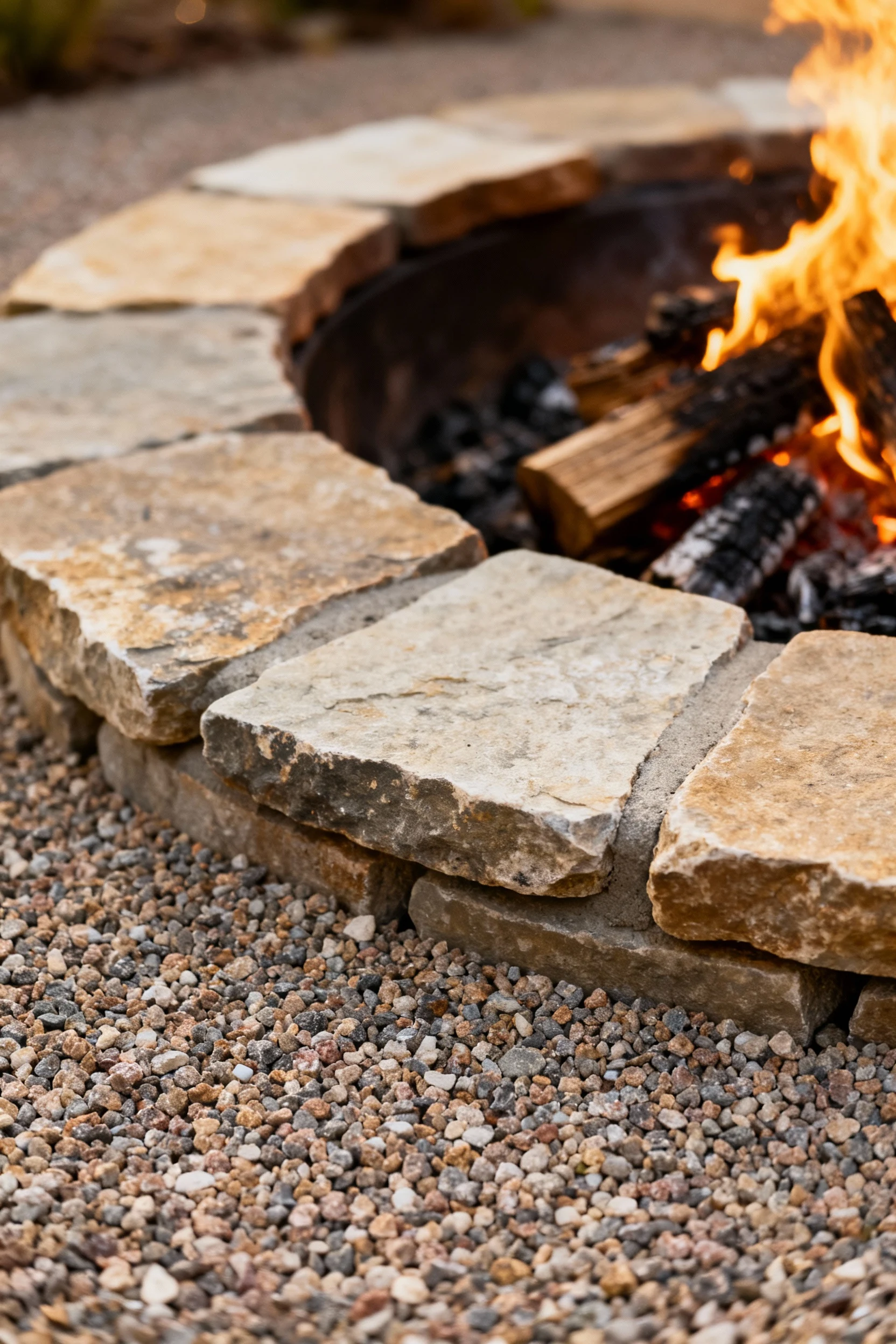 closeup fire pit on decomposed granite with flagstone ring