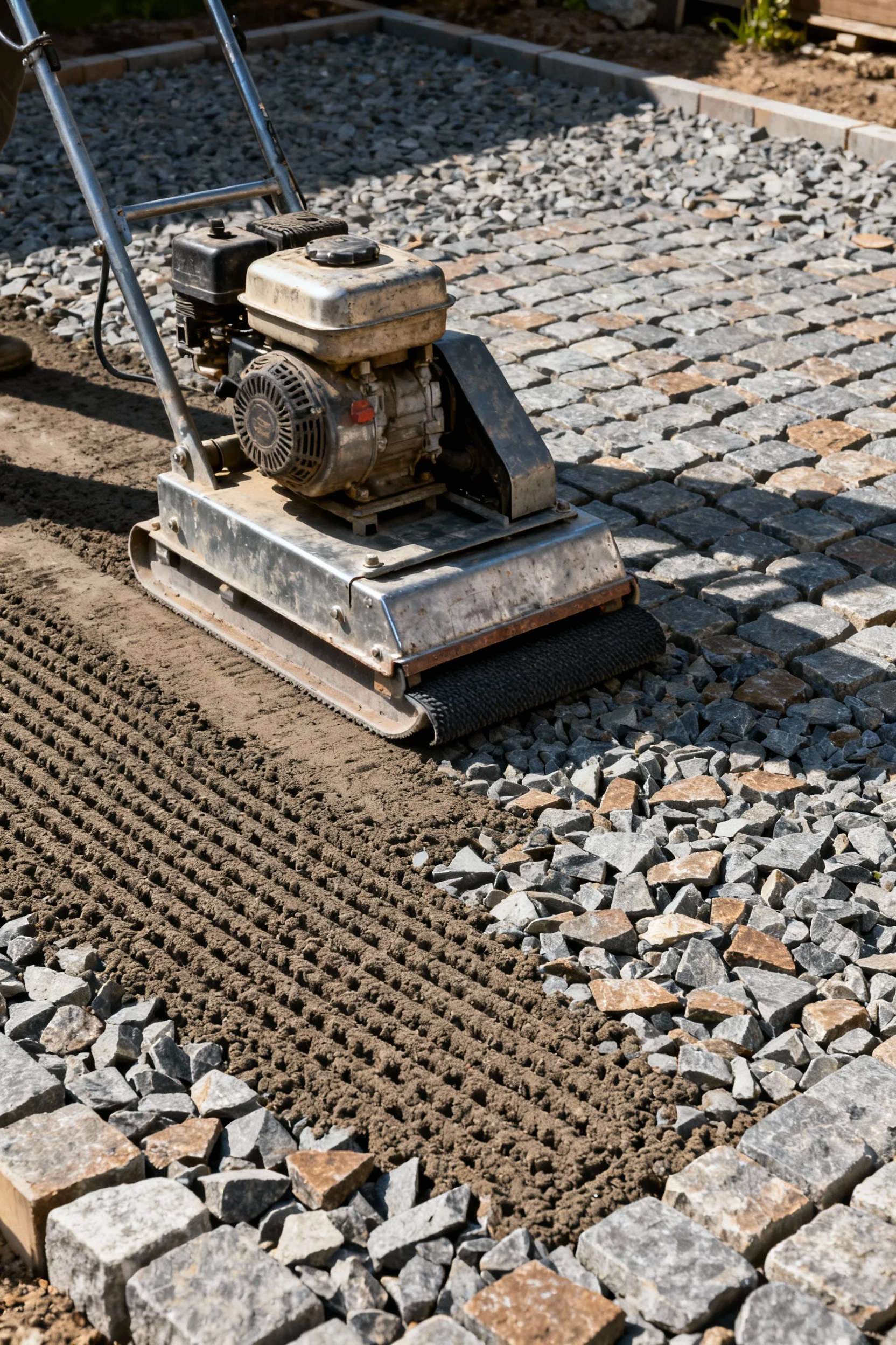 plate compactor on compacted crushed stone patio base