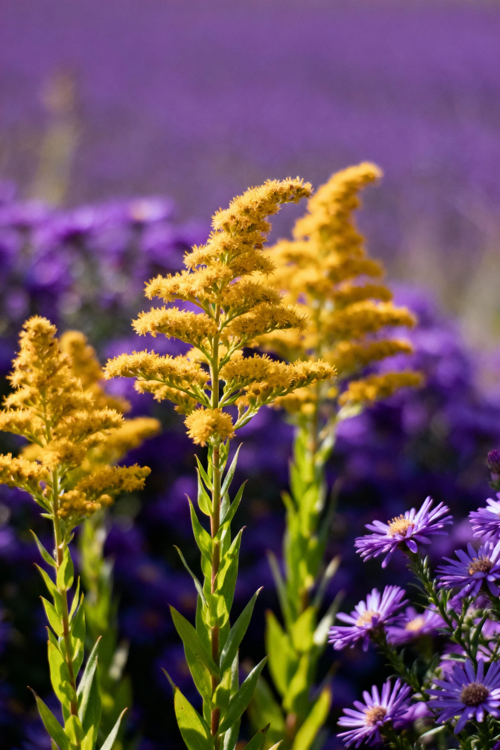 closeup of goldenrod clusters with tall green stems against deep purple asters,