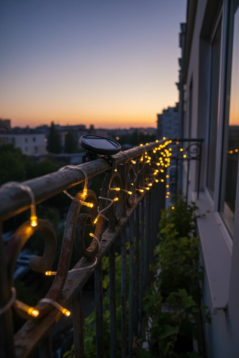 solar fairy lights wrapped around metal railing at dusk