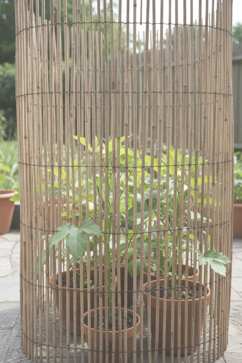 closeup of bamboo screen protecting potted okra plants from wind