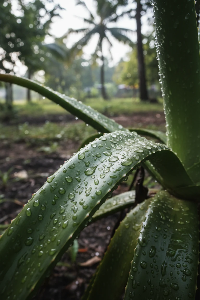 aloe vera leaves with water droplets after monsoon rain