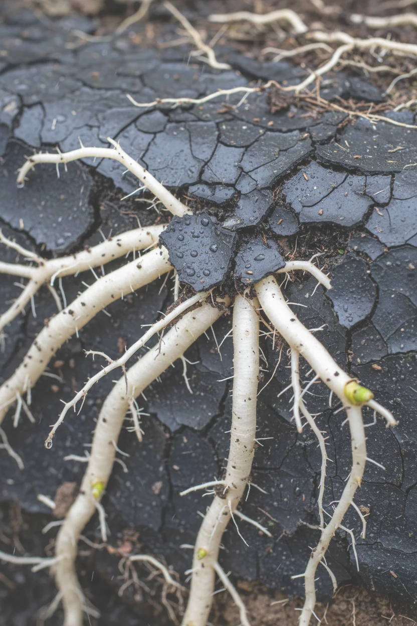 macro shot of plant roots pushing through cracked waterproof layer