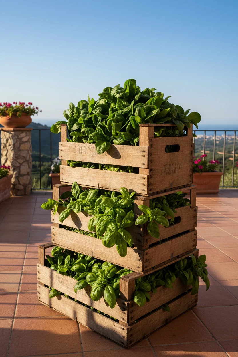 stacked wooden crates filled with spinach and basil on terrace