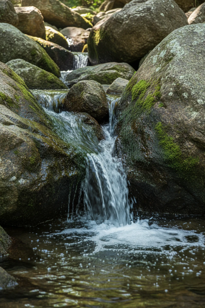 closeup of cascading water over mossy boulders